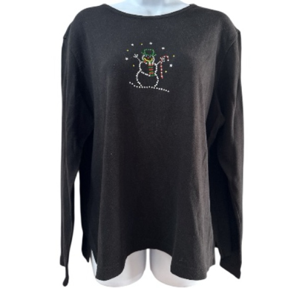 CLASSIC ELEMENTS Christmas Sweater XL Black Snowman Holiday Sequins 100% Cotton